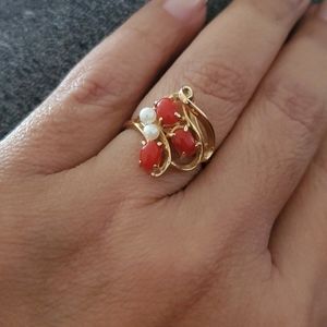 14k gold red coral and pearl ring